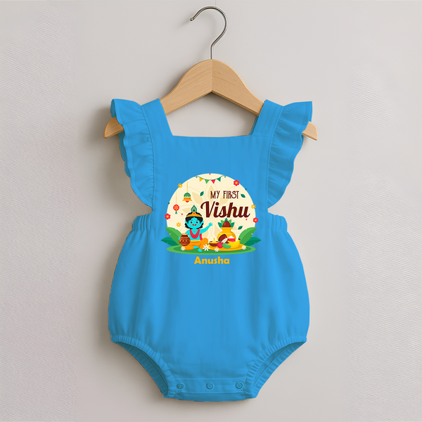 My First Vishu Baby ROMPER FROCK – Krishna Vishu Celebration Theme - SKY BLUE - 0 - 3 Months Old (Chest 19")