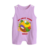 My First Vishu Baby BUTTON ROMPER – Vishu Fruits & Kani Theme - LILAC - New Born (Chest 18")