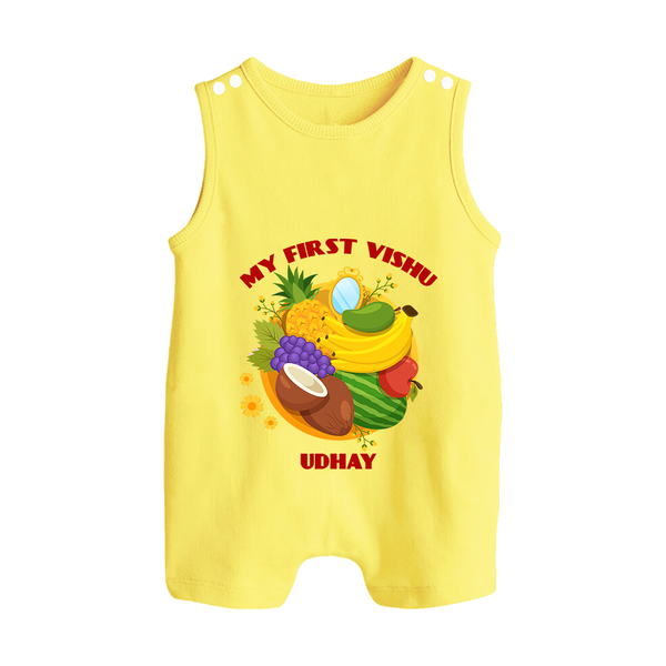 My First Vishu Baby BUTTON ROMPER – Vishu Fruits & Kani Theme - PASTEL YELLOW - New Born (Chest 18")