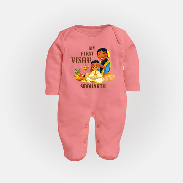 My First Vishu Baby FULL BODY SUIT – Traditional Vishu Family Celebration Theme - PEACH - New Born (Chest 7.5")