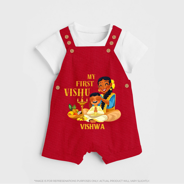 My First Vishu Baby DUNGAREE – Traditional Vishu Family Celebration Theme - RED - 0 - 5 Months Old (Chest 18")