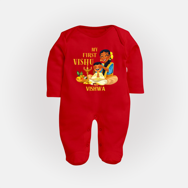 My First Vishu Baby FULL BODY SUIT – Traditional Vishu Family Celebration Theme - RED - New Born (Chest 7.5")