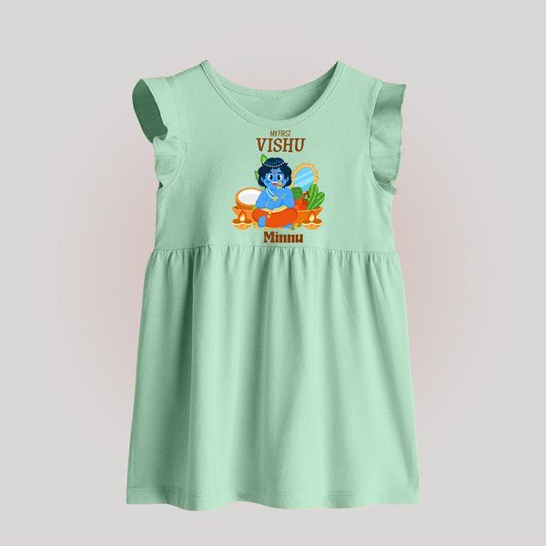 My First Vishu Baby BABY FROCK – Baby Krishna Vishu Theme - MINT GREEN - 0 - 3 Months Old (Chest 17")