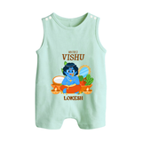 My First Vishu Baby BUTTON ROMPER – Baby Krishna Vishu Theme - MINT GREEN - New Born (Chest 18")