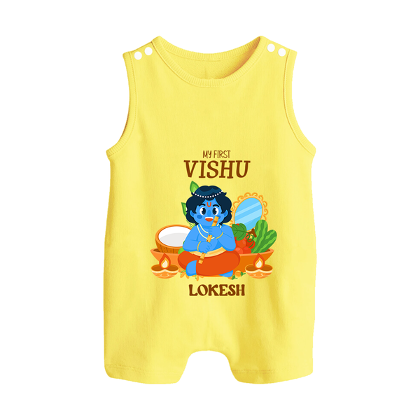 My First Vishu Baby BUTTON ROMPER – Baby Krishna Vishu Theme - PASTEL YELLOW - New Born (Chest 18")