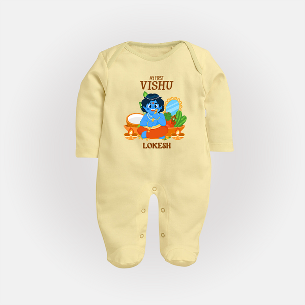 My First Vishu Baby FULL BODY SUIT – Baby Krishna Vishu Theme - PASTEL YELLOW - New Born (Chest 7.5")