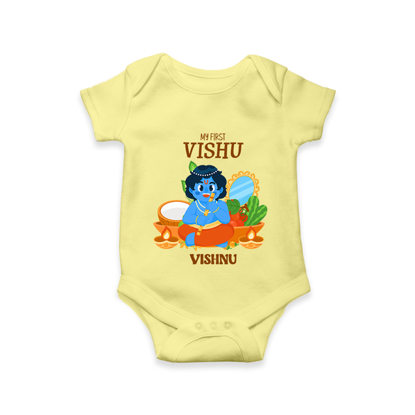My First Vishu Baby Romper – Baby Krishna Vishu Theme - PASTEL YELLOW - New Born (Chest 14")