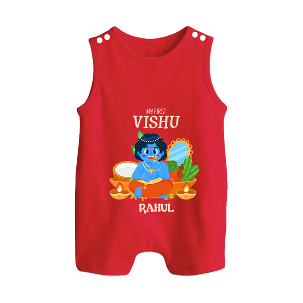 My First Vishu Baby BUTTON ROMPER – Baby Krishna Vishu Theme - RED - New Born (Chest 18")