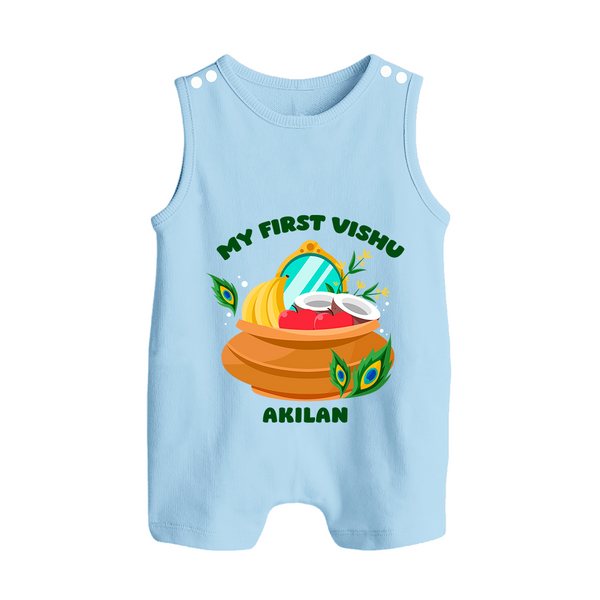 My First Vishu Baby BUTTON ROMPER – Vishu Kani Pot & Mirror Theme - BABY BLUE - New Born (Chest 18")