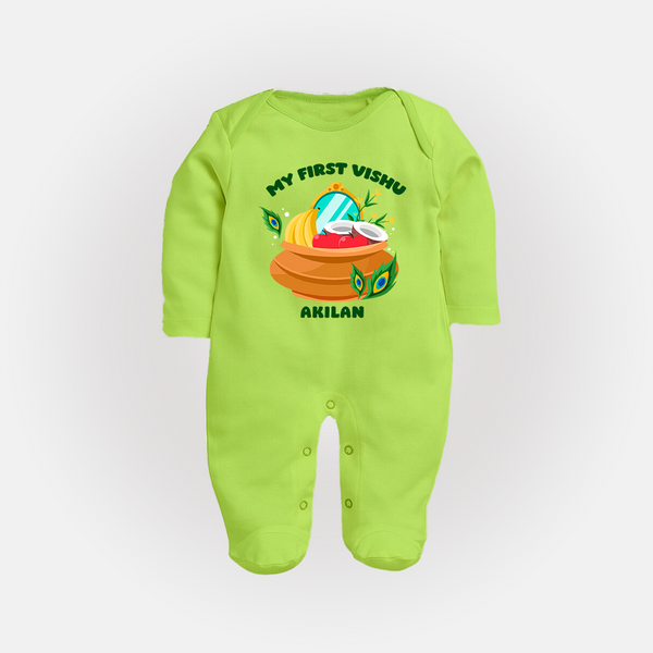 My First Vishu Baby FULL BODY SUIT – Vishu Kani Pot & Mirror Theme - LIME GREEN - New Born (Chest 7.5")