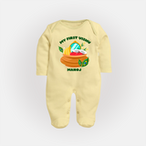 My First Vishu Baby FULL BODY SUIT – Vishu Kani Pot & Mirror Theme - PASTEL YELLOW - New Born (Chest 7.5")
