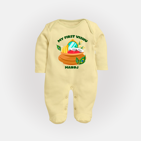 My First Vishu Baby FULL BODY SUIT – Vishu Kani Pot & Mirror Theme - PASTEL YELLOW - New Born (Chest 7.5")