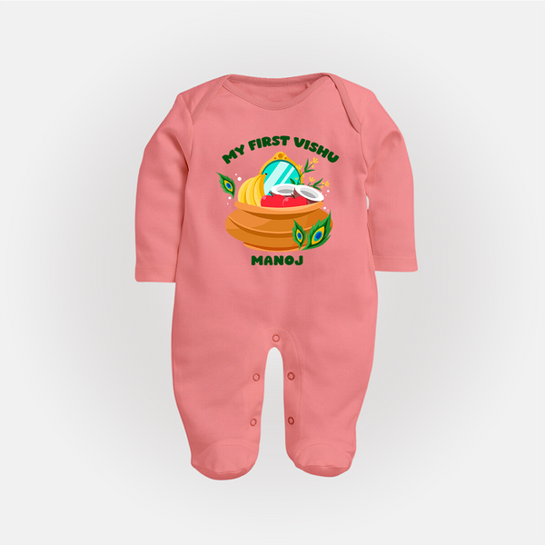 My First Vishu Baby FULL BODY SUIT – Vishu Kani Pot & Mirror Theme - PEACH - New Born (Chest 7.5")