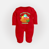 My First Vishu Baby FULL BODY SUIT – Vishu Kani Pot & Mirror Theme - RED - New Born (Chest 7.5")