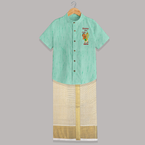 Konna Poo Cutie Baby SHIRT AND DHOTI – Vishu Flower Theme - AQUA GREEN - 0 - 6 Months Old (Chest-23") (Dhoti length-14")