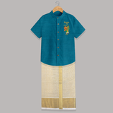 Konna Poo Cutie Baby SHIRT AND DHOTI – Vishu Flower Theme - PEACOCK BLUE - 0 - 6 Months Old (Chest-23") (Dhoti length-14")