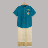 Kutty Krishna’s Vishu Baby SHIRT AND DHOTI – Baby Krishna Celebration Theme - PEACOCK BLUE - 0 - 6 Months Old (Chest-23") (Dhoti length-14")