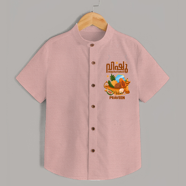 Vishu Wishes Baby SHIRT – Malayalam Typography Kani Theme - PEACH - 0 - 6 Months Old (Chest 23")