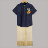 Vishu Wishes Baby SHIRT AND DHOTI – Malayalam Typography Kani Theme - DARK BLUE - 0 - 6 Months Old (Chest-23") (Dhoti length-14")