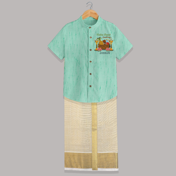 Vishu Feast Loading Baby SHIRT AND DHOTI – Festive Food & Kani Theme - AQUA GREEN - 0 - 6 Months Old (Chest-23") (Dhoti length-14")
