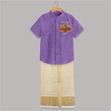 Vishu Feast Loading Baby SHIRT AND DHOTI – Festive Food & Kani Theme - ROYAL PURPLE - 0 - 6 Months Old (Chest-23") (Dhoti length-14")