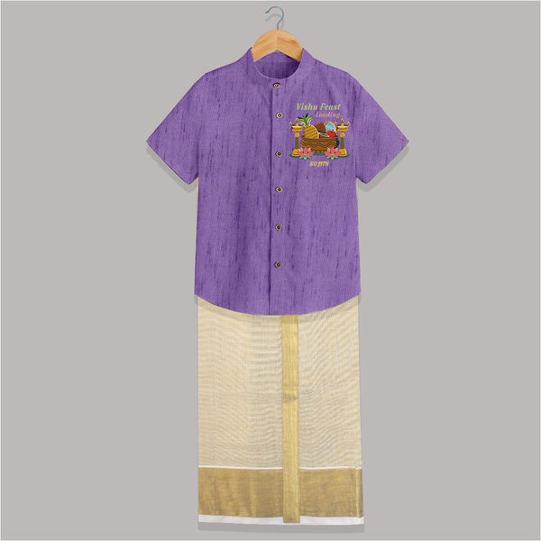 Vishu Feast Loading Baby SHIRT AND DHOTI – Festive Food & Kani Theme - ROYAL PURPLE - 0 - 6 Months Old (Chest-23") (Dhoti length-14")