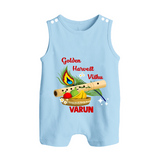 Golden Harvest Vishu Baby BUTTON ROMPER – Krishna Flute & Festive Theme - BABY BLUE - New Born (Chest 18")