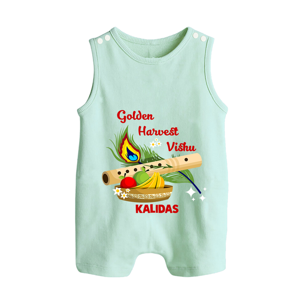 Golden Harvest Vishu Baby BUTTON ROMPER – Krishna Flute & Festive Theme - MINT GREEN - New Born (Chest 18")