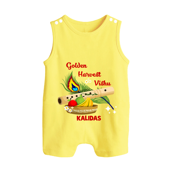 Golden Harvest Vishu Baby BUTTON ROMPER – Krishna Flute & Festive Theme - PASTEL YELLOW - New Born (Chest 18")