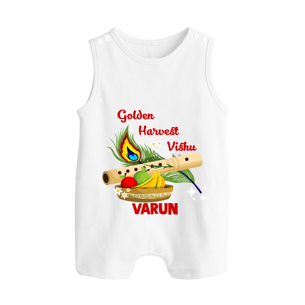 Golden Harvest Vishu Baby BUTTON ROMPER – Krishna Flute & Festive Theme - WHITE - New Born (Chest 18")