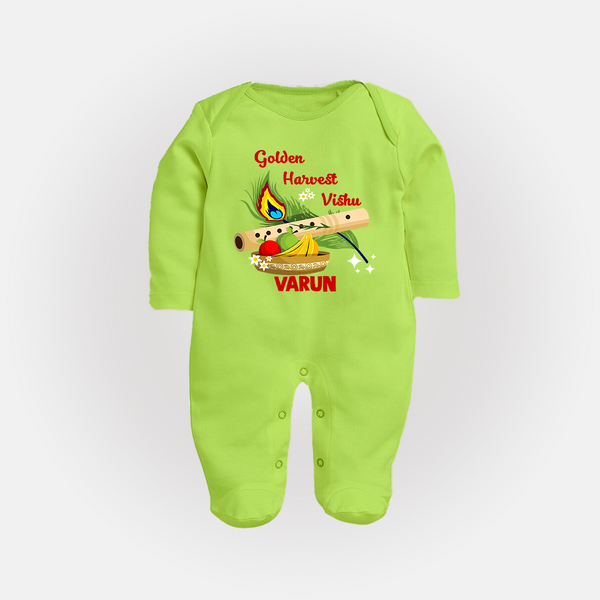Golden Harvest Vishu Baby FULL BODY SUIT – Krishna Flute & Festive Theme - LIME GREEN - New Born (Chest 7.5")