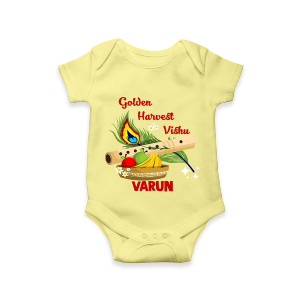 Golden Harvest Vishu Baby Romper – Krishna Flute & Festive Theme - PASTEL YELLOW - New Born (Chest 14")
