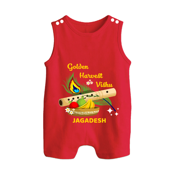 Golden Harvest Vishu Baby BUTTON ROMPER – Krishna Flute & Festive Theme - RED - New Born (Chest 18")