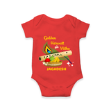 Golden Harvest Vishu Baby Romper – Krishna Flute & Festive Theme - RED - New Born (Chest 14")