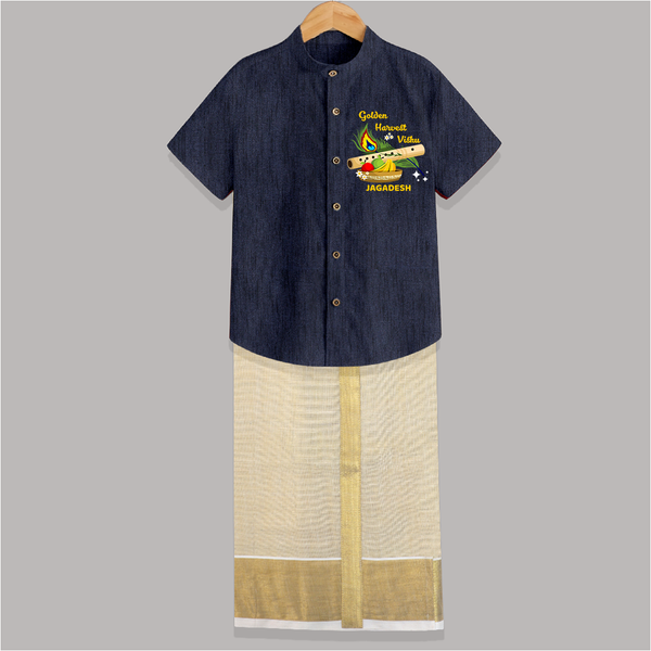 Golden Harvest Vishu Baby SHIRT AND DHOTI – Krishna Flute & Festive Theme - DARK BLUE - 0 - 6 Months Old (Chest-23") (Dhoti length-14")