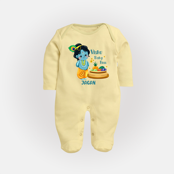 Vishu Baby Boss FULL BODY SUIT – Cute Krishna Theme - PASTEL YELLOW - New Born (Chest 7.5")