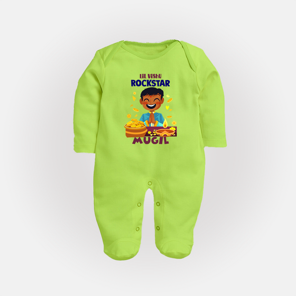 Lil Vishu Rockstar Baby FULL BODY SUIT – Cute Festive Kids Wear for Vishu Celebration - LIME GREEN - New Born (Chest 7.5")