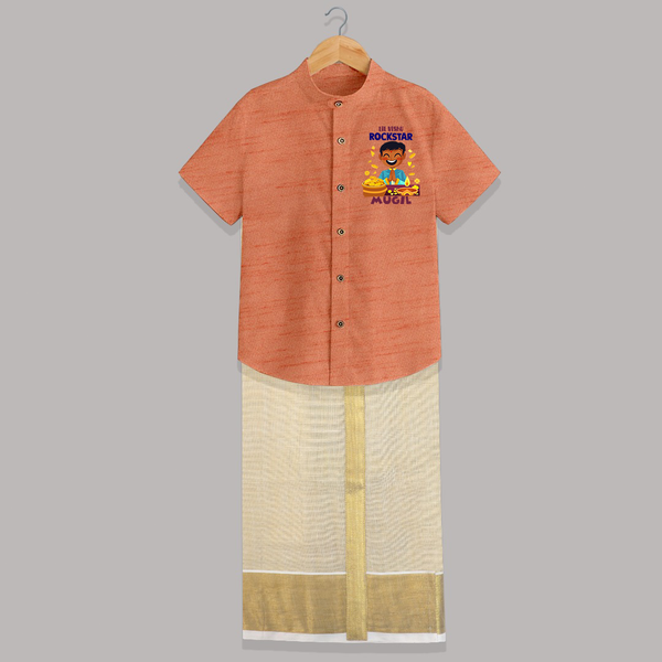 Lil Vishu Rockstar Baby SHIRT AND DHOTI – Cute Festive Kids Wear for Vishu Celebration - ORANGE - 0 - 6 Months Old (Chest-23") (Dhoti length-14")