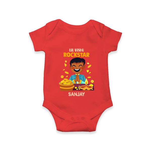 Lil Vishu Rockstar Baby Romper – Cute Festive Kids Wear for Vishu Celebration - RED - New Born (Chest 14")