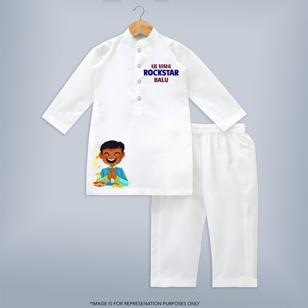 Lil Vishu Rockstar Kids KURTA – Festive Vishu Outfit for Boys - WHITE - 3 - 6 Months Old (Chest 24", Kurta Length 14'', Waist 19", Pant Length 14")
