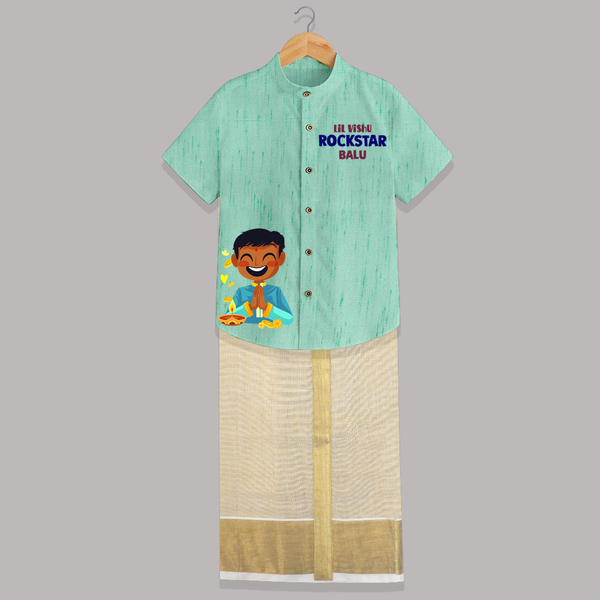 Lil Vishu Rockstar Kids SHIRT AND DHOTI – Festive Vishu Outfit for Boys - AQUA GREEN - 0 - 6 Months Old (Chest-23") (Dhoti length-14")