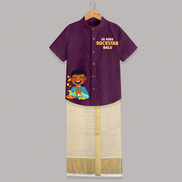 Lil Vishu Rockstar Kids SHIRT AND DHOTI – Festive Vishu Outfit for Boys - GRAPE - 0 - 6 Months Old (Chest-23") (Dhoti length-14")