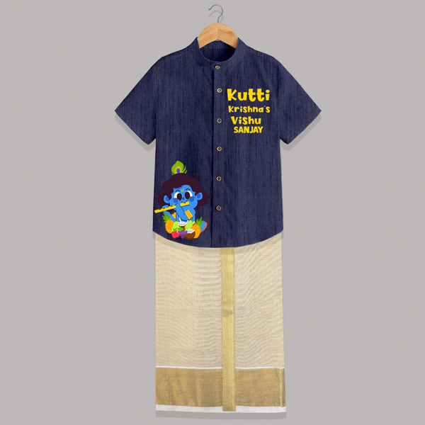 Kutti Krishna Vishu Kids SHIRT AND DHOTI – Baby Krishna Festive Wear - DARK BLUE - 0 - 6 Months Old (Chest-23") (Dhoti length-14")