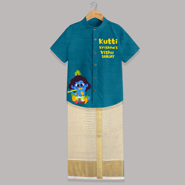 Kutti Krishna Vishu Kids SHIRT AND DHOTI – Baby Krishna Festive Wear - PEACOCK BLUE - 0 - 6 Months Old (Chest-23") (Dhoti length-14")