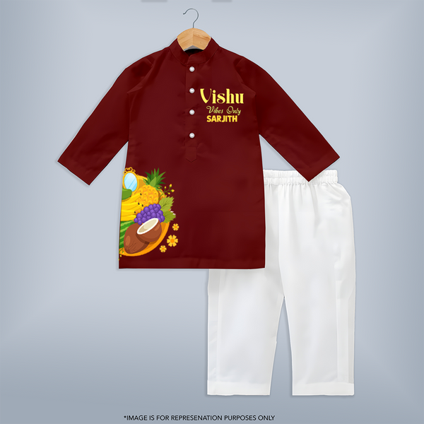 Vishu Vibes Only Kids KURTA – Traditional Vishu Kani Theme Outfit - MAROON - 3 - 6 Months Old (Chest 24", Kurta Length 14'', Waist 19", Pant Length 14")