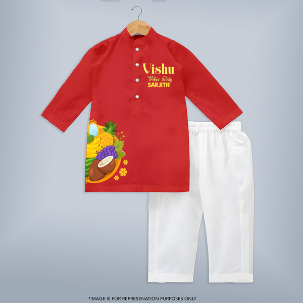 Vishu Vibes Only Kids KURTA – Traditional Vishu Kani Theme Outfit - RED - 3 - 6 Months Old (Chest 24", Kurta Length 14'', Waist 19", Pant Length 14")