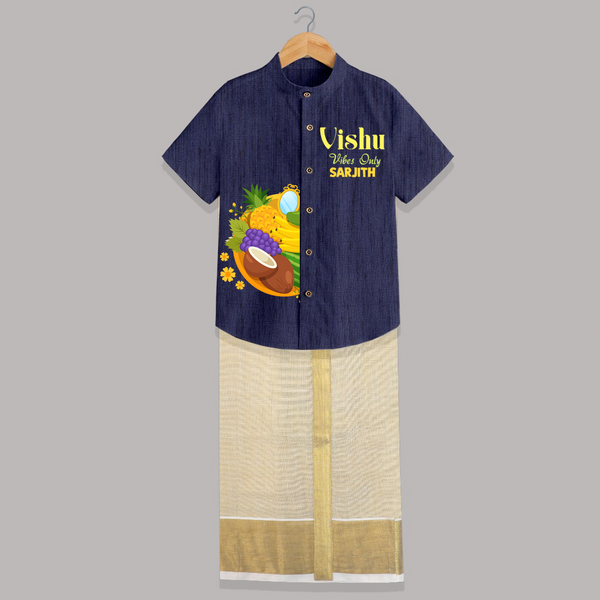 Vishu Vibes Only Kids SHIRT AND DHOTI – Traditional Vishu Kani Theme Outfit - DARK BLUE - 0 - 6 Months Old (Chest-23") (Dhoti length-14")