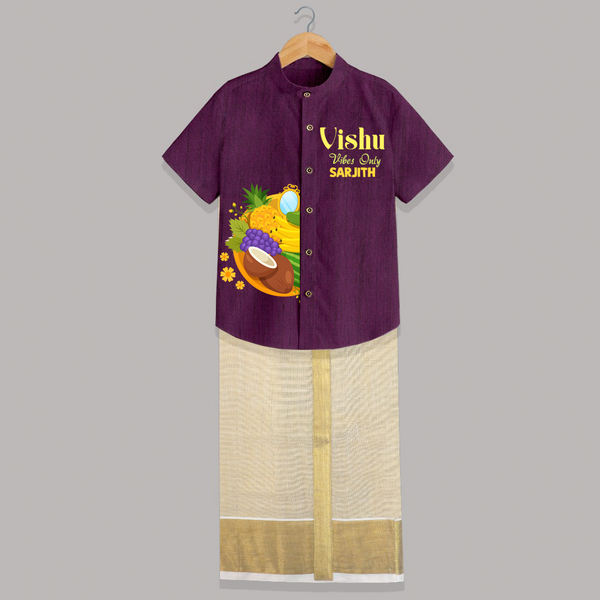 Vishu Vibes Only Kids SHIRT AND DHOTI – Traditional Vishu Kani Theme Outfit - GRAPE - 0 - 6 Months Old (Chest-23") (Dhoti length-14")
