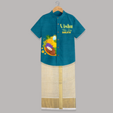 Vishu Vibes Only Kids SHIRT AND DHOTI – Traditional Vishu Kani Theme Outfit - PEACOCK BLUE - 0 - 6 Months Old (Chest-23") (Dhoti length-14")