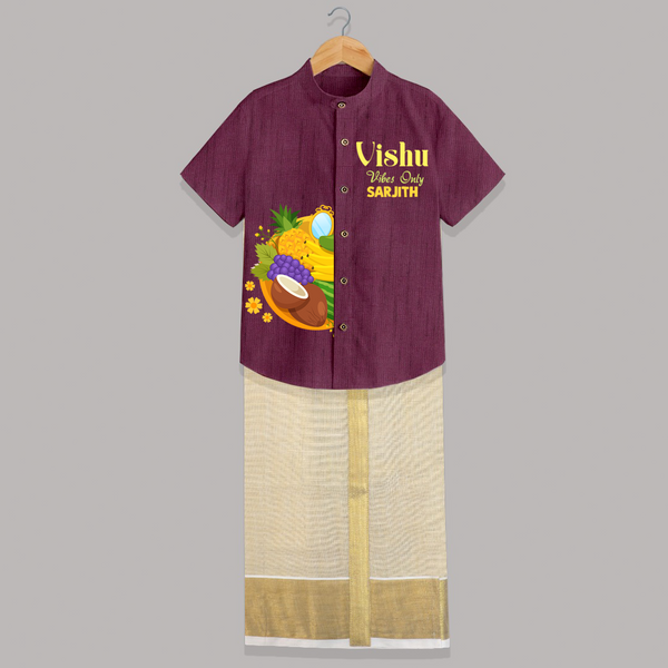 Vishu Vibes Only Kids SHIRT AND DHOTI – Traditional Vishu Kani Theme Outfit - WINE - 0 - 6 Months Old (Chest-23") (Dhoti length-14")